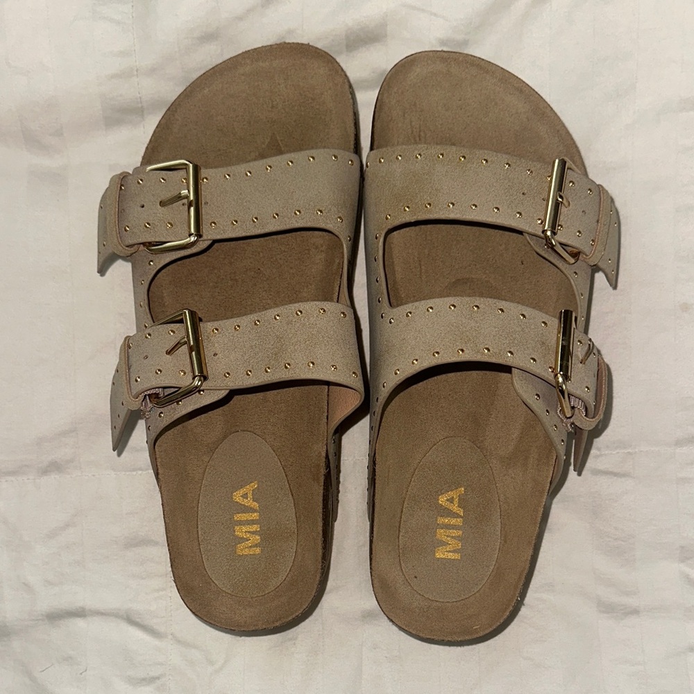 MIA Taupe Sandals with Gold Accents